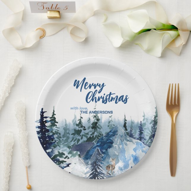 Blue Modern Merry xmas trees forest raindeer  Paper Plates (Wedding)