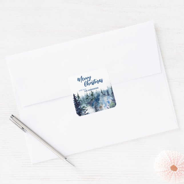 Blue Modern Merry xmas trees forest raindeer  Square Sticker (Envelope)