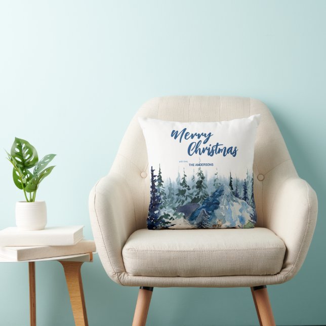 Blue Modern Merry xmas trees forest raindeer  Throw Pillow (Chair)