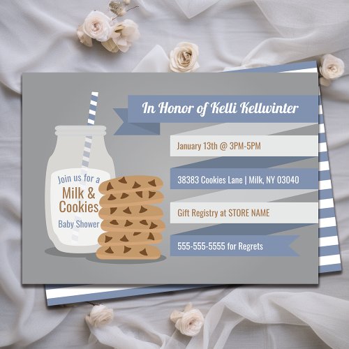Blue Modern Milk and Cookies Striped Invitation