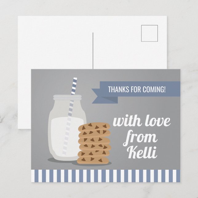 Blue Modern Milk and Cookies Striped Thank You Postcard (Front/Back)