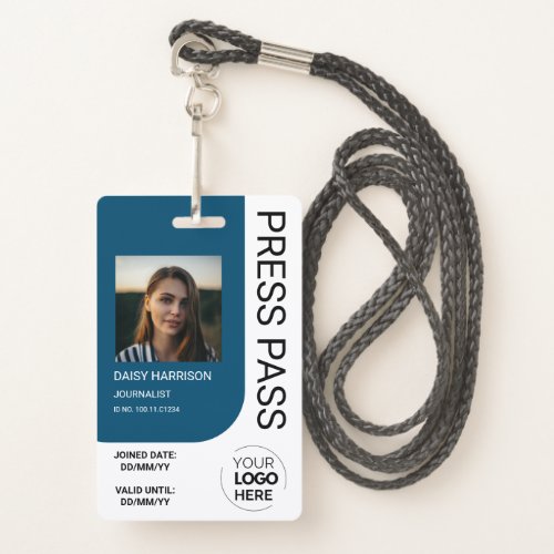 Blue Modern  Minimal Press Pass Photo ID  Badge