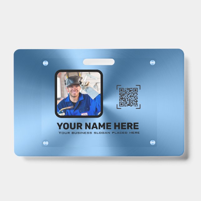 Blue modern minimalist professional photo QRcode  Badge (Front)
