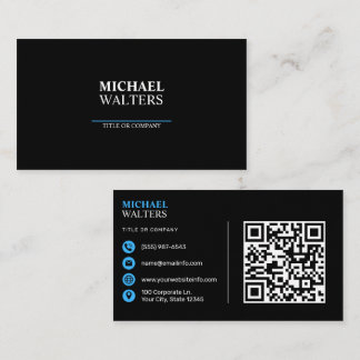 Blue Modern Minimalist Professional QR Code Black Business Card