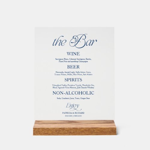 Blue Modern Minimalist The Bar Wedding Menu Sign
