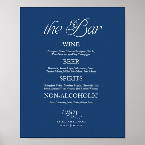 Blue Modern Minimalist "The Bar" Wedding Menu Sign