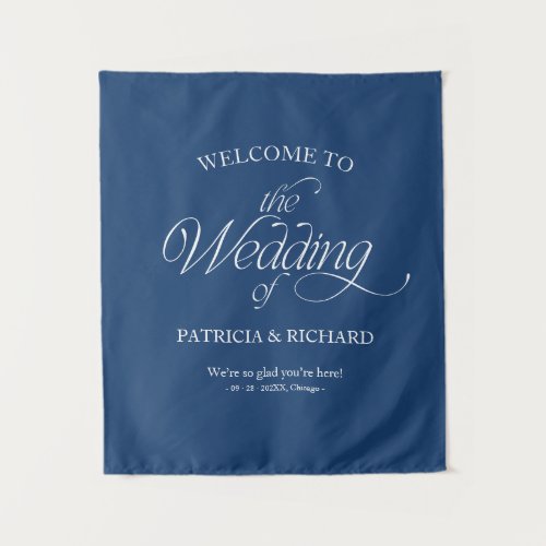 Blue Modern Minimalist Wedding Welcome Sign Tapestry