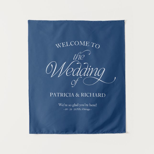 Blue Modern Minimalist Wedding Welcome Sign Tapestry (Front)