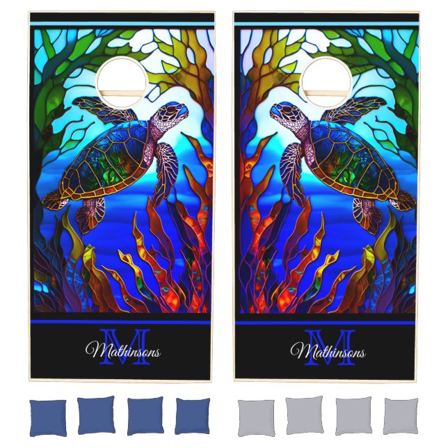 Blue Modern Monogrammed Sea Turtle  ocean Cornhole Set (Set)