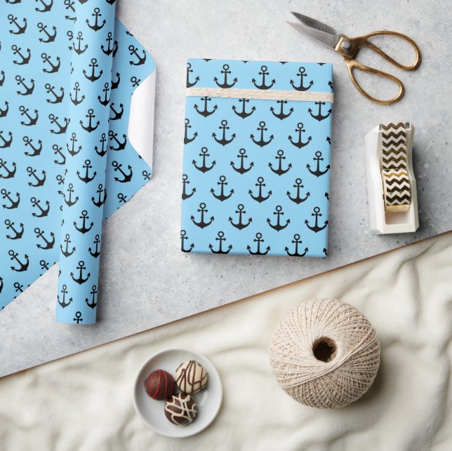 Blue Modern Nautical Black Anchor Pattern Wrapping Paper (Crafts)