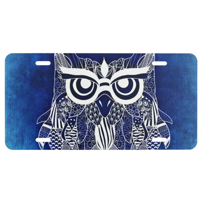 Blue Modern Owl License Plate (Front)