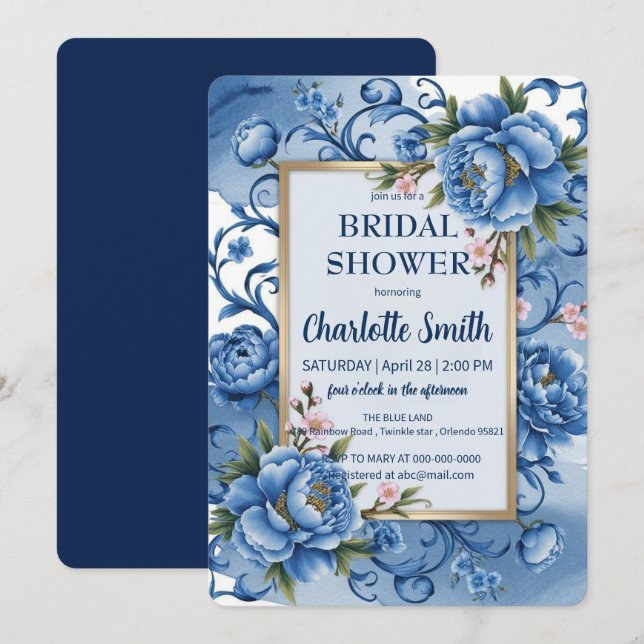 Blue Modern Peony antique bridal shower Invitation (Front/Back)