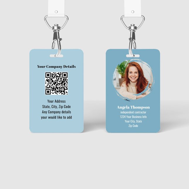 Blue Modern Photo QR Code Employee Badge (Blue photo business ID Badge.)