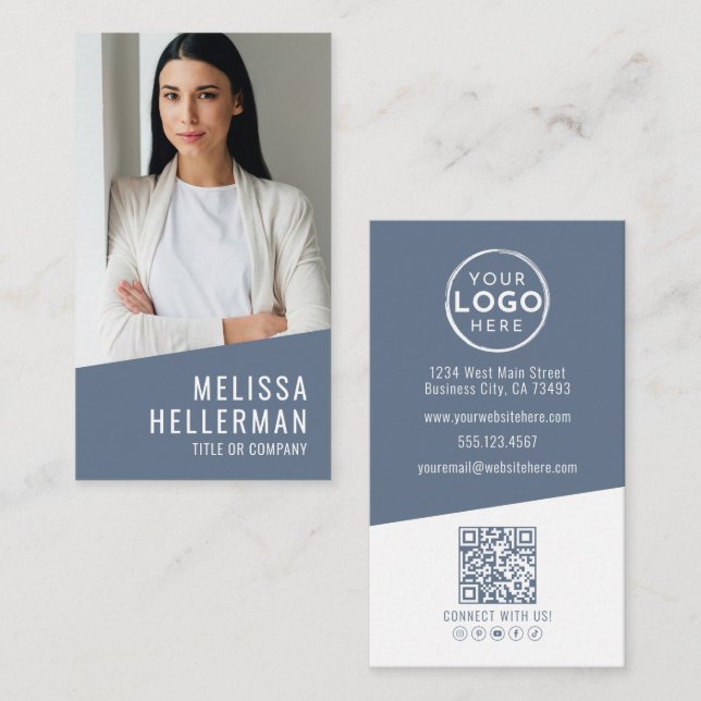 Blue Modern Photo QR Code Logo Vertical Business Card (Front/Back)