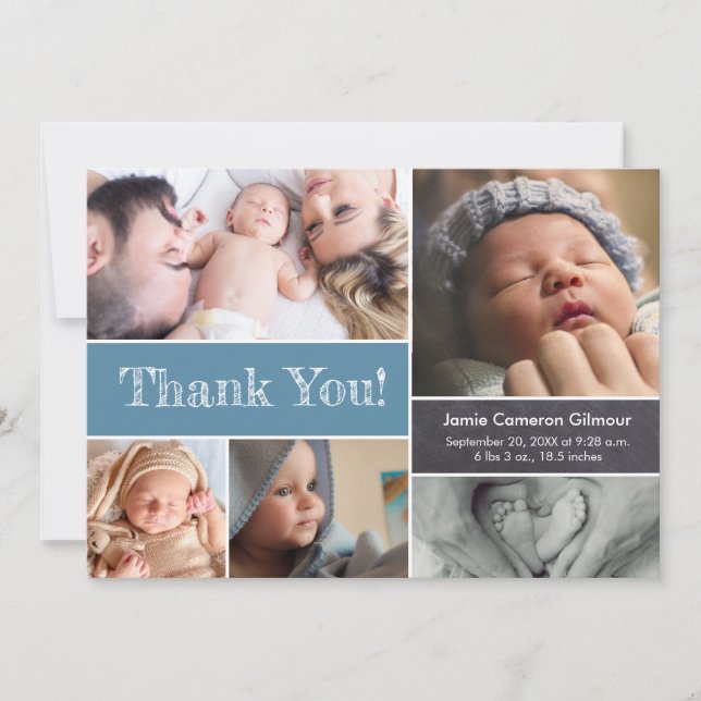 Blue Modern Photos Baby Shower Thank you Card (Front)
