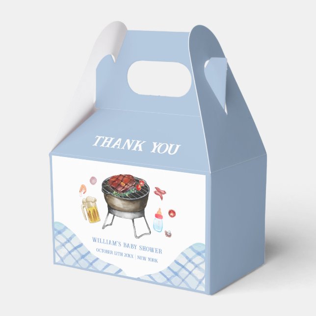 Blue Modern Plaid Retro Country Baby Q Baby Shower Favor Boxes (Front Side)
