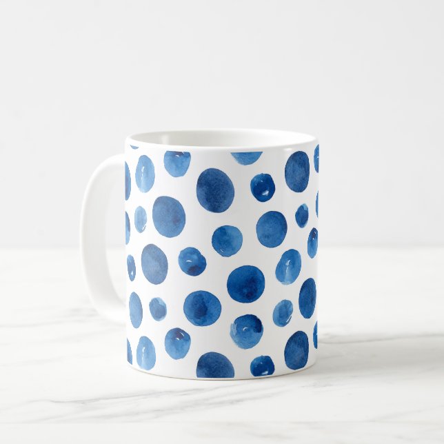 Blue modern polka dot. Navy watercolor pattern Coffee Mug (Front Left)