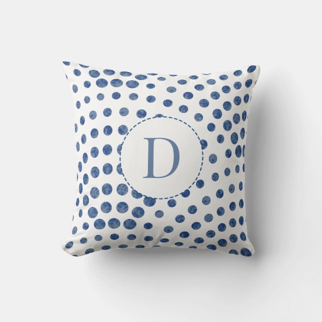 Blue Modern Polka Dots Monogram Throw Pillow (Front)