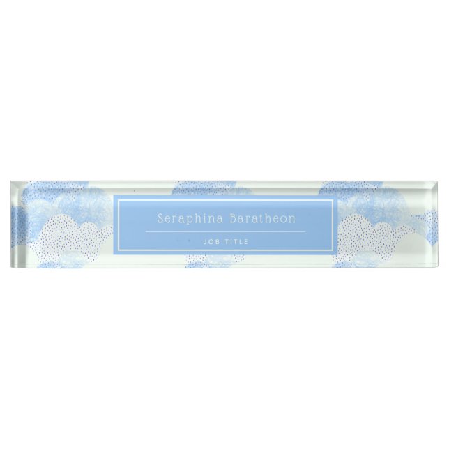 Blue Modern Rain Clouds Personalized Desk Name Plate (Front)