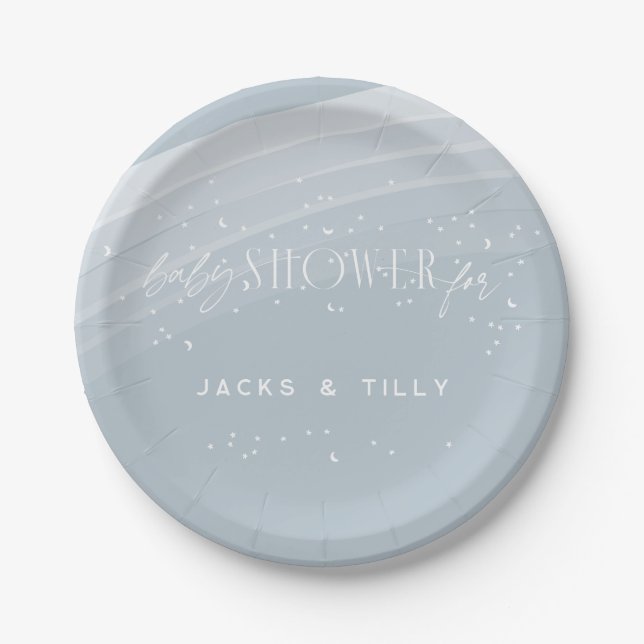 Blue Modern Rainbow and stars White Baby Shower Paper Plates (Front)