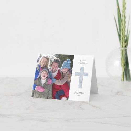 Blue Modern Religious Cross Christmas Photo Card