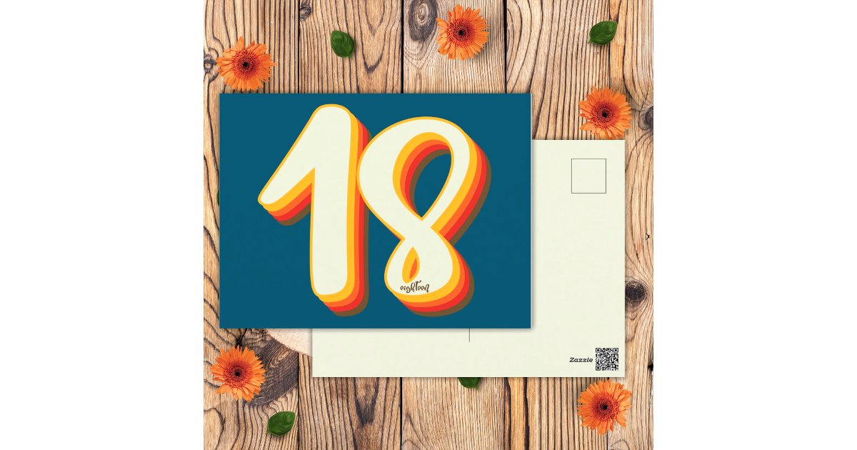 Blue Modern Retro Groovy Eighteen 18th Birthday Postcard | Zazzle