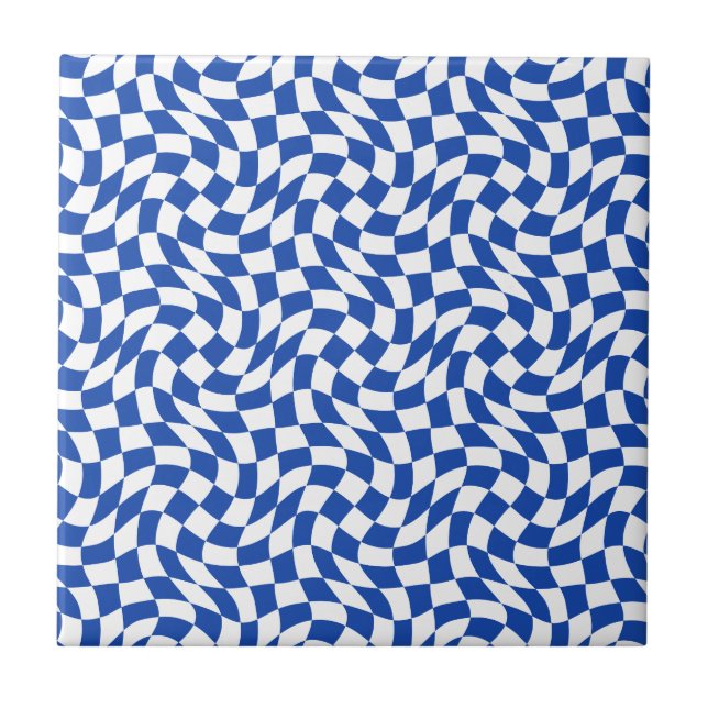 Blue modern retro swirl checkered ceramic tile (Front)