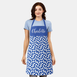 Blue modern retro swirl checkered custom name apron