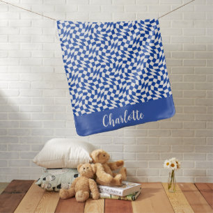 Blue modern retro swirl checkered custom name baby blanket