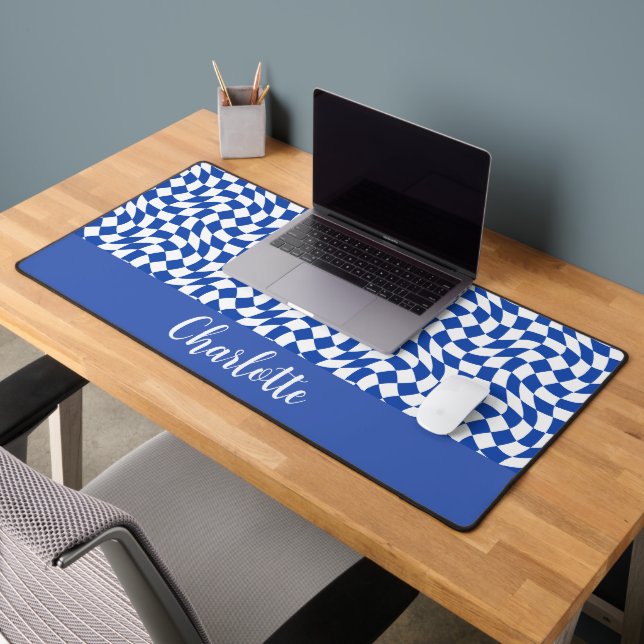 Blue modern retro swirl checkered custom name desk mat (Office 2)