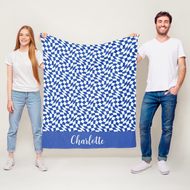 Blue modern retro swirl checkered custom name fleece blanket (In Situ)