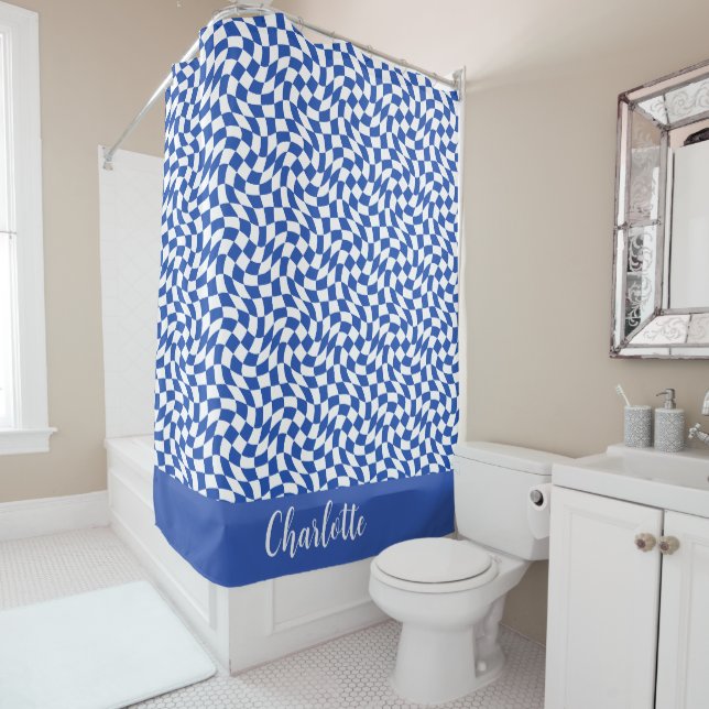 Blue modern retro swirl checkered custom name shower curtain (In Situ)