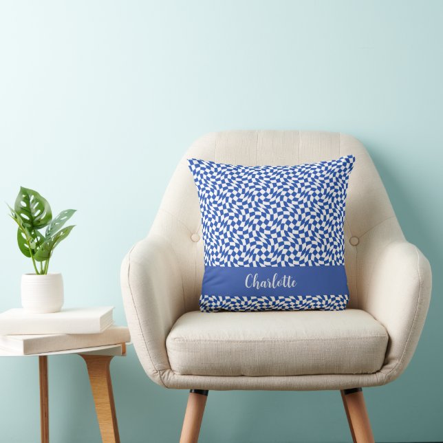 Blue modern retro swirl checkered custom name throw pillow (Chair)