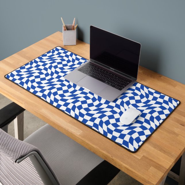 Blue modern retro swirl checkered desk mat (Office 2)