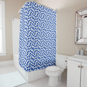 Blue modern retro swirl checkered shower curtain