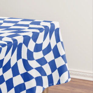 Blue modern retro swirl checkered tablecloth