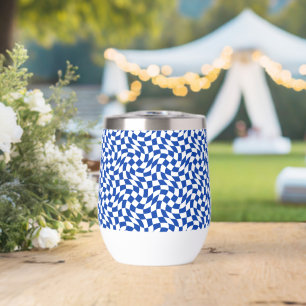 Blue modern retro swirl checkered thermal wine tumbler