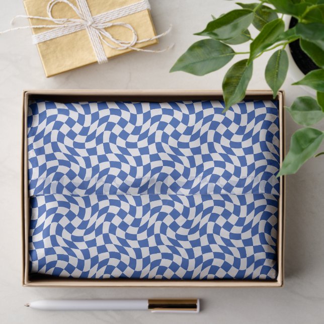 Blue modern retro swirl checkered tissue paper (Gift)