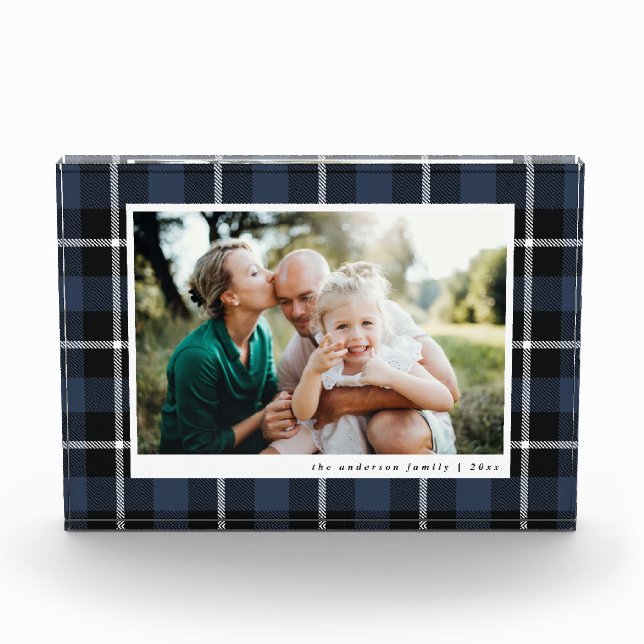 Blue modern rustic tartan check family photo (Front)