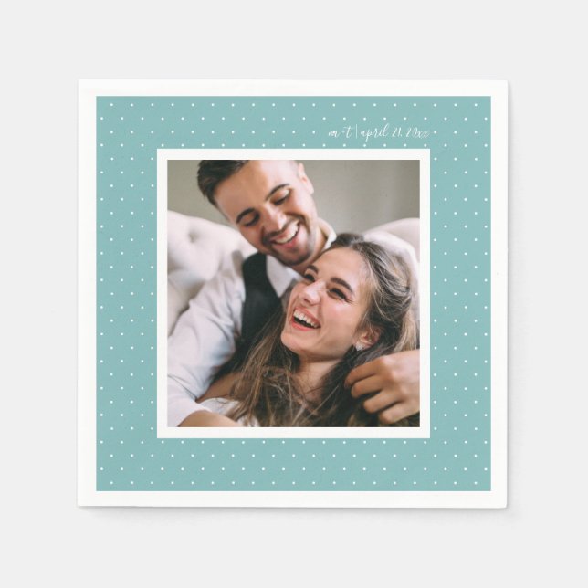 Blue Modern Script and Chic Dots Wedding Photo Paper Napkins (Front)