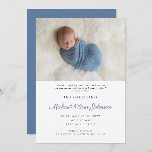 Blue Modern Script Baby Boy Birth Photo Announcement