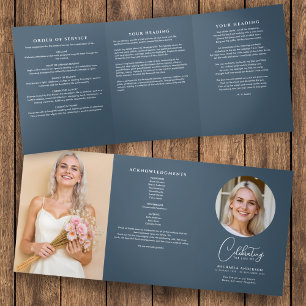 Blue Modern Script Funeral/Memorial Service Tri-Fold Program