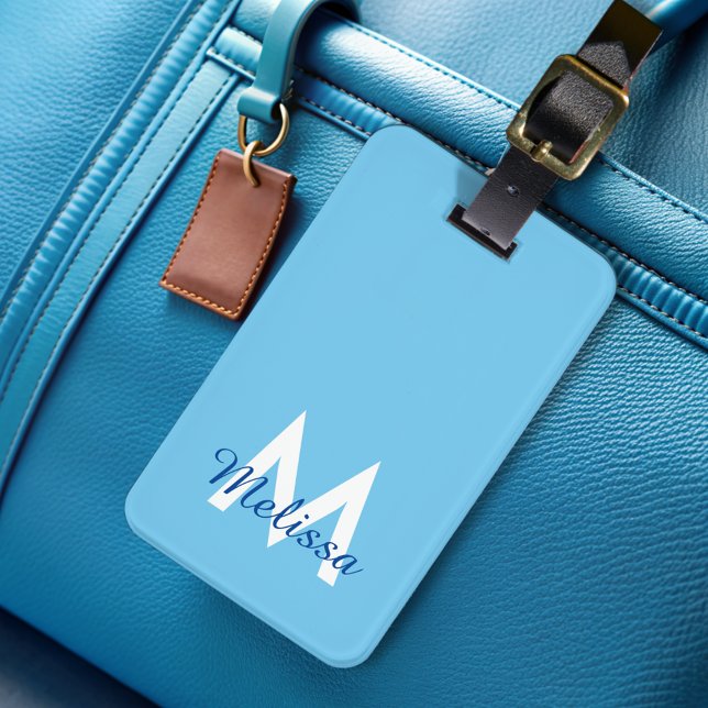  Blue Modern Script Girly Monogram Name  Luggage Tag (Creator Uploaded)