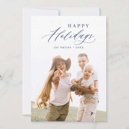 Blue Modern Script Happy Holidays Family Photo Holiday Card
