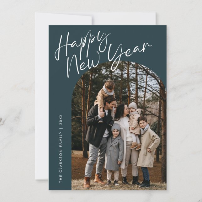 Blue Modern Script Happy New Year Arch 2 Photo Holiday Card (Front)