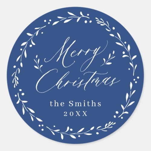 Blue Modern script Merry Christmas Holiday Gift Classic Round Sticker