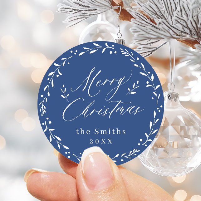 Blue Modern script Merry Christmas Holiday Gift Classic Round Sticker (Blue Modern script Merry Christmas Holiday Gift Classic Round Sticker)