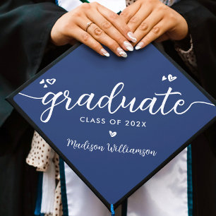 Blue Modern Script Simple Chic Elegant Hearts Name Graduation Cap Topper