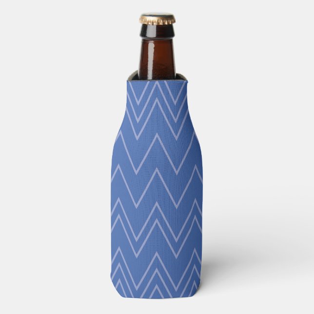Blue, modern, simple, cool, trendy zigzag pattern bottle cooler (Bottle Front)