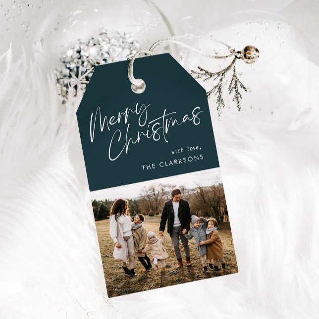 Blue Modern Simple Script Photo Merry Christmas  Gift Tags (Creator Uploaded)